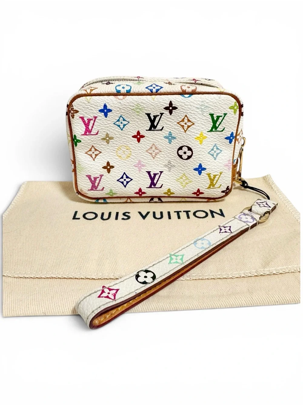 Louis Vuitton White Murakami Multicolor Wapity Wristlet Mini Bag w.Dust Bag